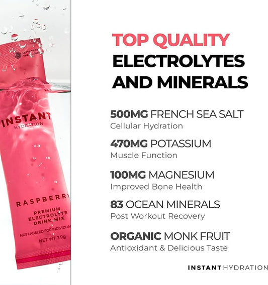 Instant Hydration Electrolytes Powder Packets - Raspberry Electrolyte Drink Mix - Zero Sugar - Keto, Vegan, Gluten-Free, Non-GMO - Boost Recovery, Brain Health, Muscle & Tissue Support- 30 Sticks
