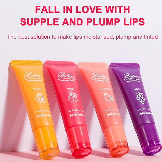 Lip Glowy Balm,4 Pack Fruit Glowy Lip Balm,Vitamin E Lip Glowy Balm Set Reduce Lip Lines, Enhance Lip Color,Moisturizing & Plump Quickly Replenishing Moisture and Relieving Dry Lips