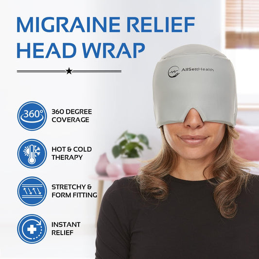 Migraine Relief Cap Ice Head Wrap Headache and Migraine Hat | Headache Relief with Hot/Cold Gel Head Ice Pack with Face and Eye Headache Mask Compress - Grey