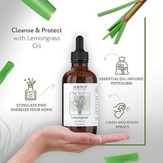 HBNO California Bottled Lemongrass Essential Oil 4 fl oz (120ml) - Natural Lemongrass Oil, Perfect for Cleaning, Aromatherapy, DIY, Soap & Diffuser -