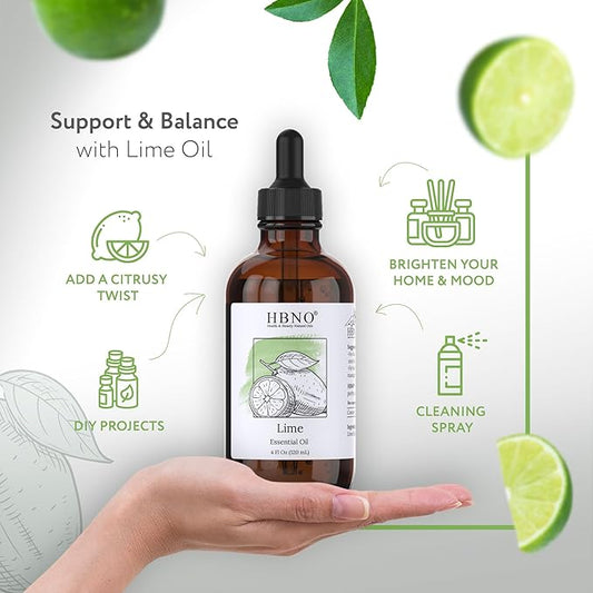HBNO Lime Essential Oil - Huge 4 oz (120ml) Value Size - Natural Lime Oil, Cold Pressed - Perfect for Cleaning, Aromatherapy, DIY, Soap & Diffuser