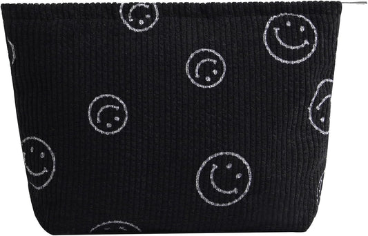 Cosmetic Bags for Women - Corduroy Cosmetic Bag Aesthetic Women Handbags Purses Smile Dots Makeup Organizer Storage Makeup Bag Girls Case Bags (A-Black)