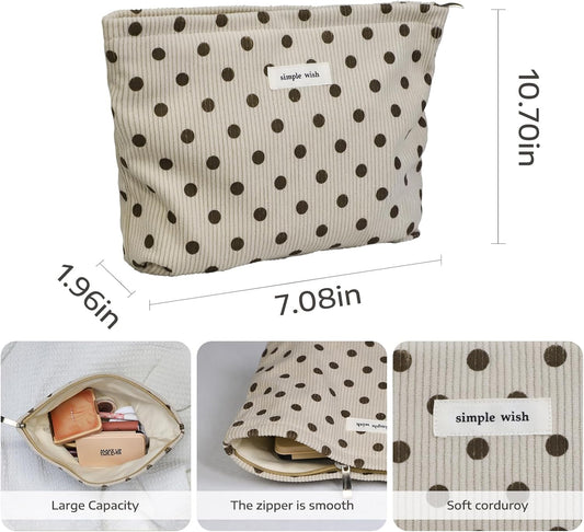 Wudygirl Makeup Bag Makeup Pouch for Women Corduroy Cosmetic Bag Portable Travel Toiletry Bag Large Capacity Make up Organizer with Zipper(Beige Polka Dot)