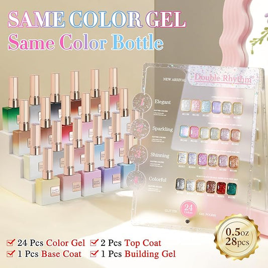 Double Rhythm 28Pcs 0.5Oz Glitter Gel Nail Polish Set Same Color Same Bottle Soak Off Gel Polish Kit Nail Art Manicure Salon DIY at Home (Sparkle Pearl Shimmer Collection-T24-9)