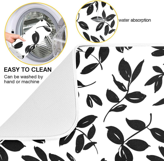 Eucalyptus Leaves Dish Drying Mat for Kitchen Countertop 16x18 Black White Floral Leaf Small Drying Mat Reusable Quick Dry Dish Sink Absorbent Mats Dishwasher Easy Clean Decorative Home Essentials