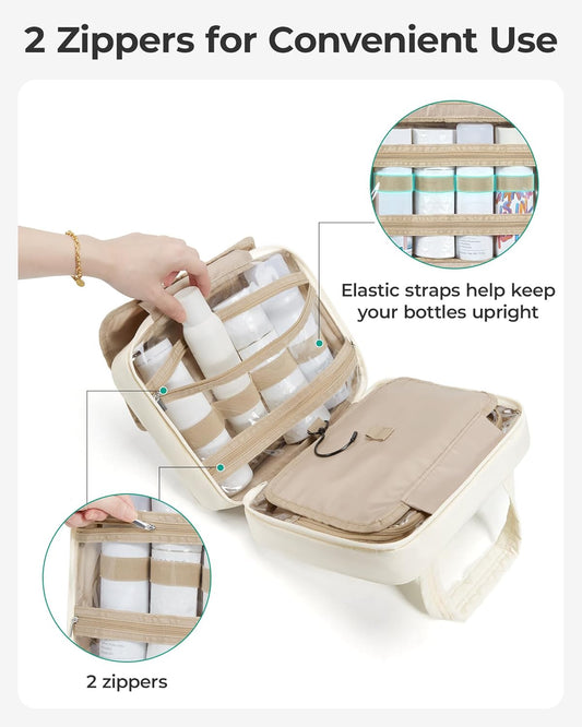 BAGSMART Travel Toiletry Bag for Womne, Hanging Travel Bag for Toiletries, Puffy Makeup Cosmetic Bag Organizer, Carry-on Travel Accessories Essentials, Camel