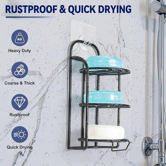 3-Tier Shower Soap Shampoo Bar Holder, Self Adhesive & Freestanding Draining Bathroom Soap Dish Caddy for Bathroom Wall Accesories Decor
