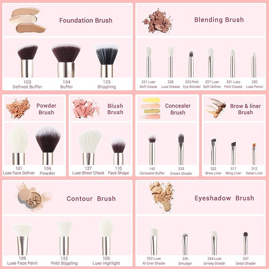 Jessup Makeup Brushes Set Professional, 25PCS Pink Premium Natural Powder Foundation Eyeshadow Blending Concealer Blusher Highlight Labeled Brushes, T290