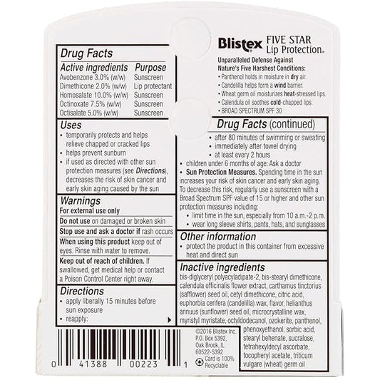 Blistex Five Star Lip Protection SPF 30 0.15 oz Pack of 5