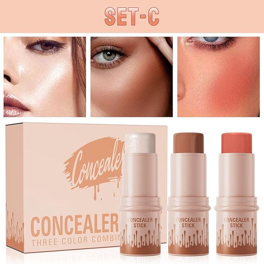 3Pcs Contour Stick Set,3 Colors Contour Stick Makeup Set, Long-Lasting Waterproof Concealer Stick Kit,Cream Blush & Highlighter Bronzer Pen (SET-C)