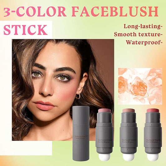 3PCS Blush Stick for Cheeks,Multi-use Solid Matte Makeup Stick Blush Cream for Cheek Eyes and Lips Tint,Moisturizing Tinted Cream Blush,Natural Blendable Cheek Blusher with 3 Makeup Sponges A3