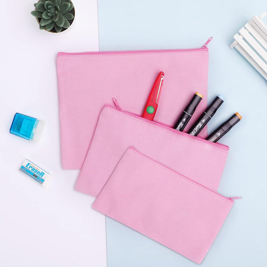 12 Pieces Cotton Canvas Makeup Bag, Multipurpose Cosmetic Bag with Zipper Travel Toiletry Pouch, Blank DIY Craft Bag (Pink, S)