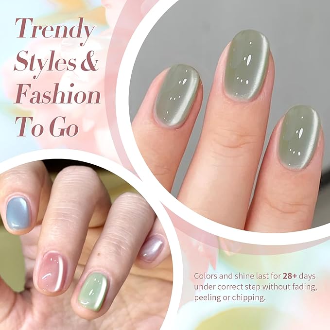 Born Pretty Pastel Magnetic Gel Nail Polish,Water Light Cat Magnetic Eye Gel Jelly Glass Crystal Nail Polish Glitter Shimmer Auroras Magnetic Gel Nail Art Manicure Kit 6PCS