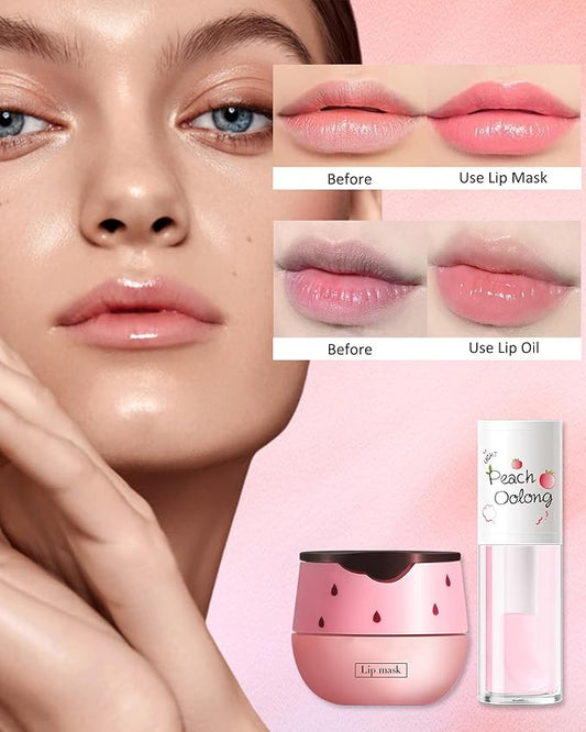 2PCS Strawberry Lip Balm Honey Pot Lip Mask & Hydrating Lip Glowy Oil Lip Care Set, Lip Moisturizing Treatment Nourishing Lip Gloss, Reduce Lip Line & Plump Dry Cracked Lip Scrub Exfoliator -Set B