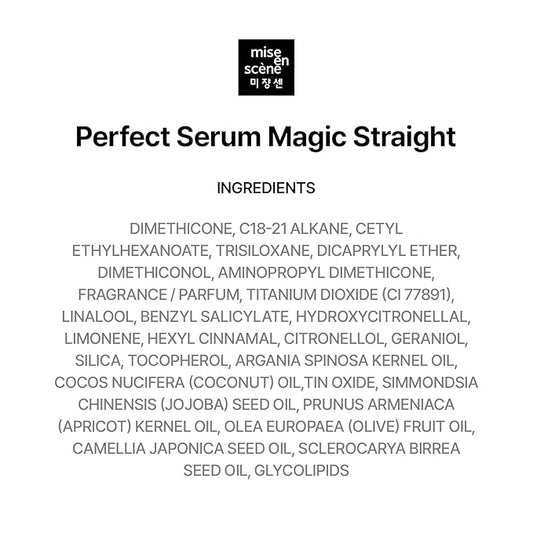 Mise En Scene Magic Straight Perfect Serum - Anti Frizz Hair Straightening Serum with heat protectant for straightener, hair tamer oil, Coconut Oil for Smooth, Silky, and Shiny Hair, 2.71 Fl Oz
