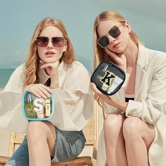 YOOLIFE Initial Make Up Bag Travel Toiletry Bag, Clear Makeup Bag Preppy Cosmetic Bags Organizer Travel Essentials Gifts for Women Teen Girlfriend Teacher Mom Birthday Mothers Day Gifts Blue E