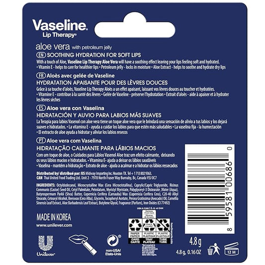 Vaseline Lip Therapy Aloe Fresh - Hydrating Lip Balm Pack, Vaseline Stick, Lip Moisturizer for Dry Lips, 0.16 Oz Each (Pack of 12)