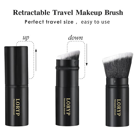 LORYP Retractable Makeup Brush Black Kabuki Foundation Brush for liquid Cream and Powder Makeup 2 Pack Travel Makeup Brush Set