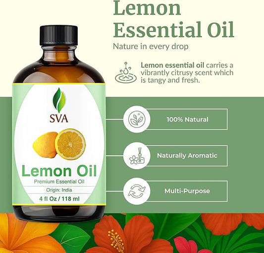 SVA Lemon Essential Oil – 4 Fl Oz – 100% Natural Lemon Oil - for Diffuser, Hair Care, Face, Skin Care, Aromatherapy, Scalp and Body Massage, Soap and Candle Making – with Dropper