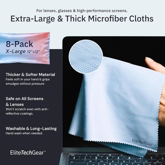 Elite Screens Microfiber Cleaning Cloth for Glasses - 12 x 12 in, Blue, 8-Pack - Lens & Screen Cleaning Cloth for Eyeglasses, Sunglasses & Electronics