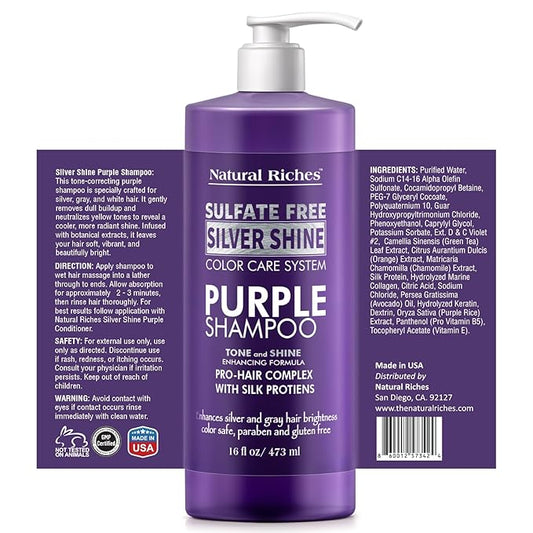 Natural Riches Radiant Silver Shine Purple Shampoo and Conditioner Set for Gray Hair - Paraben-Free and Color Safe – With Silk Proteins, Tones Dull Hair, Softens & Adds Shine - 16 fl oz
