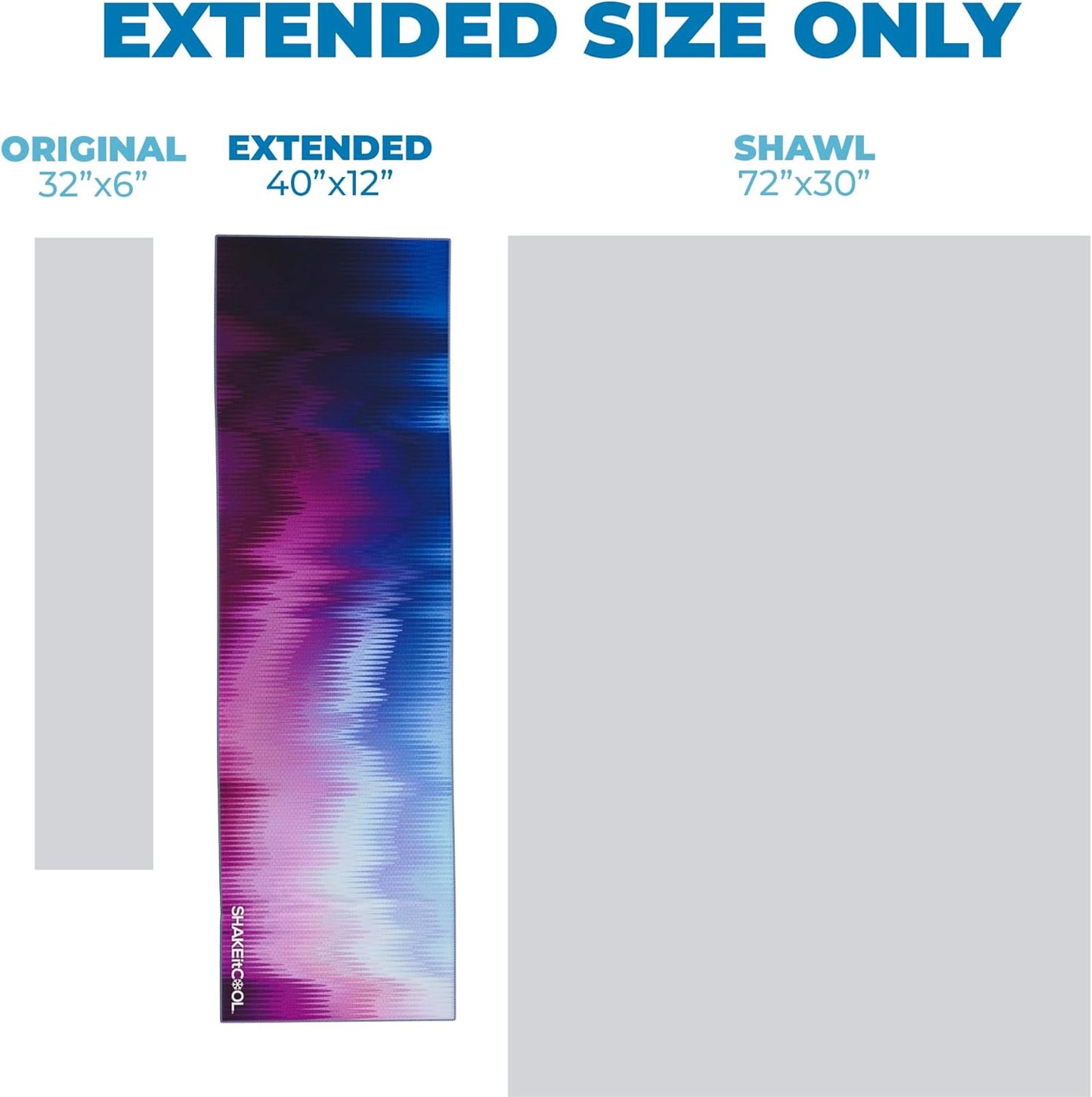 SHAKEitCOOL Extended Size Cooling Towel – Be Cool in Style - Heat Relief, Soft, Lightweight, Sun Protection, Easy Clean - Perfect for Biking, Hiking, Running, Yoga, Golf - Blue Purple Wave M
