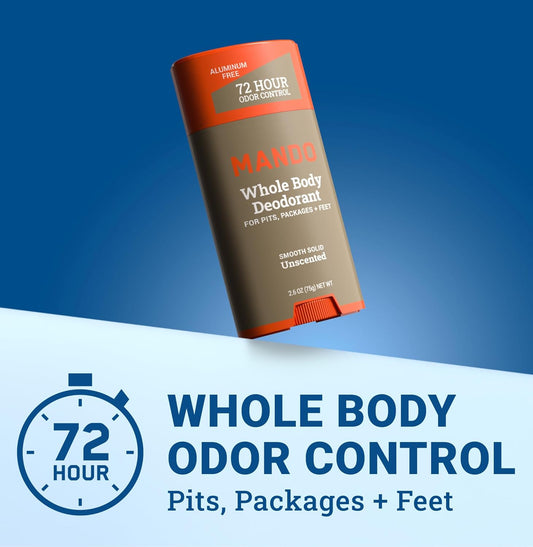 Mando Whole Body Deodorant For Men - Smooth Solid Stick - 72 Hour Odor Control - Aluminum Free, Baking Soda Free, Skin Safe - 2.6 Ounce (Pack of 2) - Unscented
