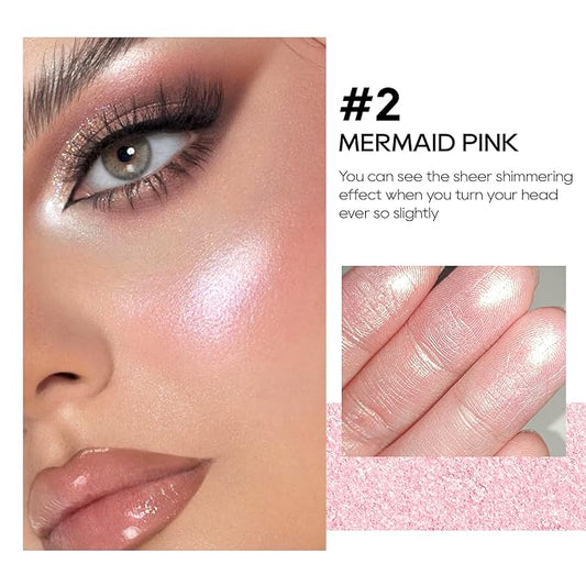 Baked Pink Highlighter Powder Palette, Makeup Highlighter Powder Palette Sheer Shimmering Finish Face Highlighters Makeup Iluminadores de Maquillaje #02 Mermaid Pink