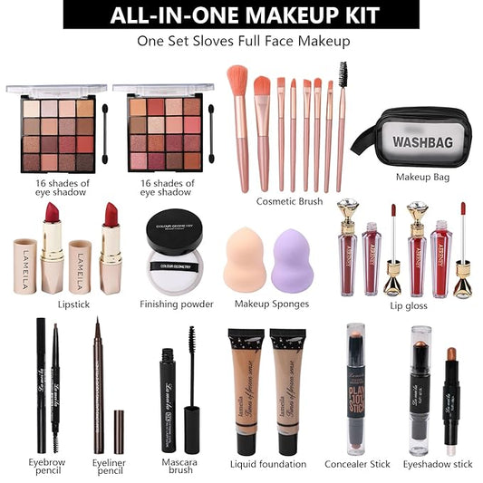 All in One Makeup Kit For Women Girls Teens 2x16 Colors Eyeshadow Palette Liquid Foundation Eyeliner Pencils Contouring Stick Lip Gloss Eyebrow Pencils Mascara Powder Puff Makeup Brushes Makeup sets