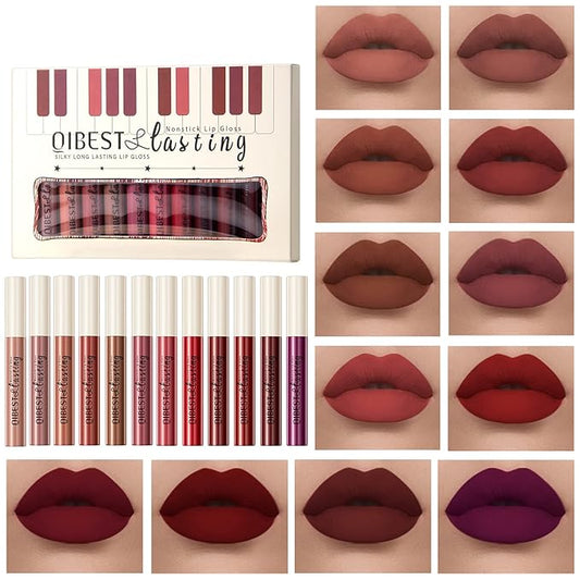 12Pcs Makeup Matte Lipstick Lip Kit, Classic Nudes & Bold Reds Lipstick Set, Non-Stick Cup Not Fade Liquid Lipstick Waterproof Long Lasting Durable Nude Lip Gloss, labiales mate 24 horas originale