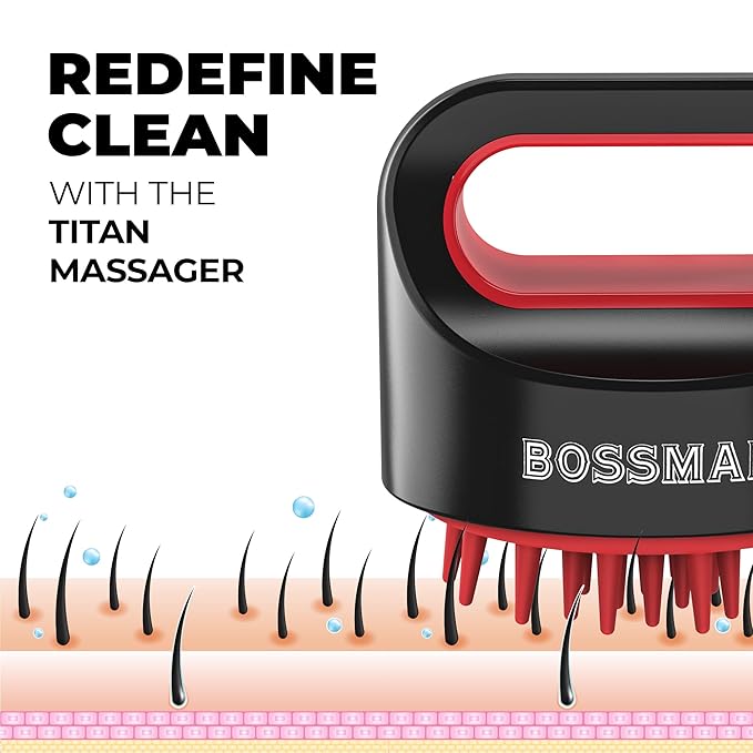 Bossman Titan Shower Scalp Massager – Ergonomic Silicone Scrubber for Product Build-Up, Dandruff & Pore Stimulation – Head & Beard Care Tool with Soft Bristles