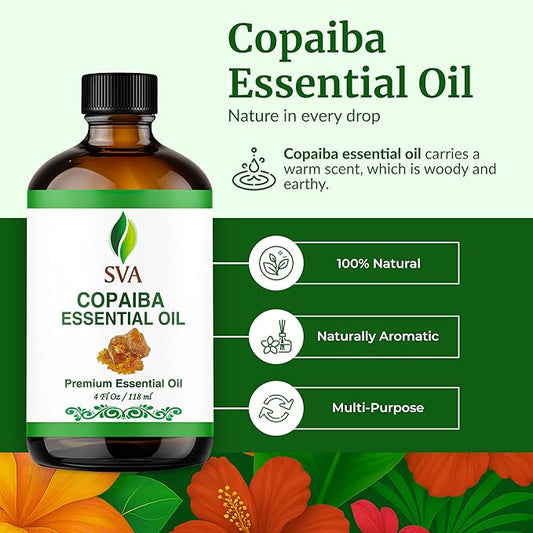 SVA Copaiba Essential Oil – 4 Fl Oz – 100% Natural Copaiba Oil - for Diffuser, Hair Care, Face, Skin Care, Aromatherapy, Scalp and Body Massage, Soap and Candle Making – with Dropper