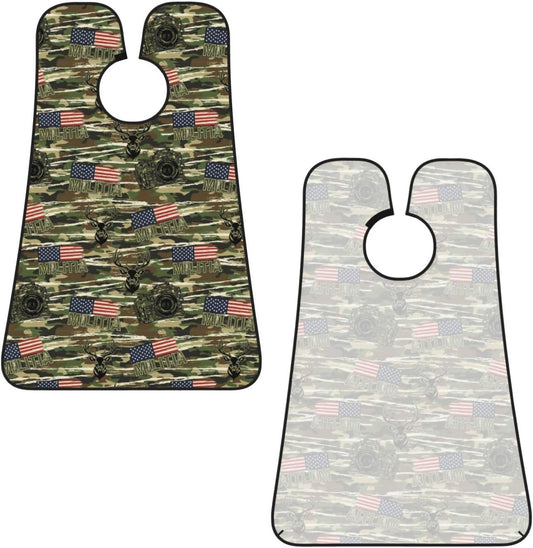 Stretchable Beard Cape, Non-Stick Hair Catcher for Trimming, Waterproof Grooming Apron, Deer Camo Camouflage American Flag Hunting Black