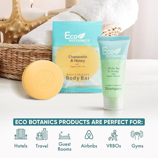 Eco Botanics Hotel Soaps and Toiletries Bulk Set | 1-Shoppe All-In-Kit Amenities for Hotels & Airbnb | 0.85 Conditioning Shampoo & oz Bar Soap Travel Size | 100 pieces