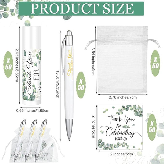 50 Set Bulk Thank You Combo Gifts Include Lip Balms Appreciation Ballpoint Pen Thank You Card Organza Drawstring Gift Bag Pouch for Wedding Parties Baby Shower Favors, Eucalyptus Leaves Style