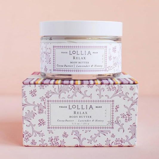 LOLLIA Relax Body Butter, 5.5 oz. - Lavender & Honey Fragrance - Shea Butter & Cocoa Butter, Body Lotion for Women, Hydrating & Smooth Body Moisturizer