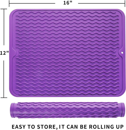 Silicone Dish Drying Mat for Multiple Usage,Easy clean,Eco-friendly,Heat-resistant Silicone Mat for Kitchen Counter or Sink,Refrigerator or drawer liner Purple L 16 inches x 12 inches