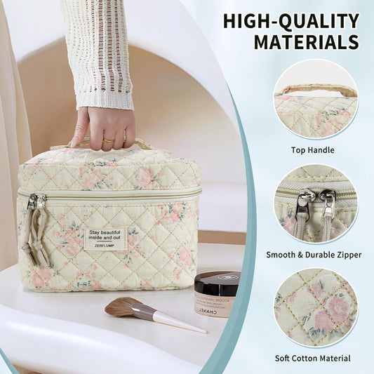 Cute Quilted Floral Makeup Bag(3Pcs),Coquette Aesthetic Cosmetic Bag,Travel Toiletry Bags, Kawaii Aesthetic pouch for Women (3 - Pink Flower)