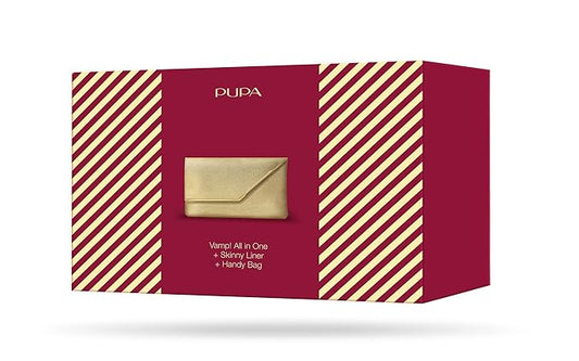 PUPA Milano Vamp! All In One And Skinny Liner Set - Volume Mascara And Ultra-Slim Eyeliner Pen - Naturally Formulated To Lengthen And Strengthen Lashes - Beautiful Gold Handbag - 3 Pc Mascara Kit