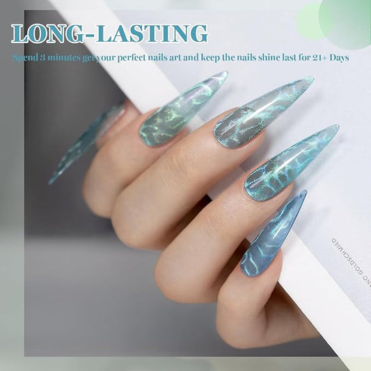 RARJSM Blue Cat Eye Gel Nail Polish Set 6pcs Reflective Diamond Glitter Clear Light Gray Sea Blue Green Tone Glass Cateye Gelpolish with Magnet Stick 7.5ml Curing Requires Soak Off for Home Salon