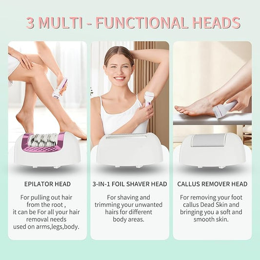 Epilator for Women 3-in-1 Epilator, Body Hair Removal Device,Wet/Dry, Waterproof, Cordless Rechargeable Electric Trimmer & Shaver & Callus Remover for Women & Men 606 Pink