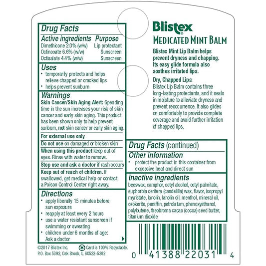 Blistex Medicated Mint Balm SPF 15 0.15 oz (Pack of 9)