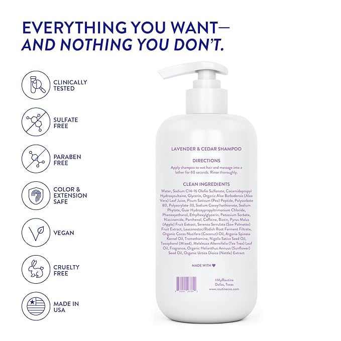 Routine Wellness Anti-Thinning Shampoo for Thinning Hair - Biotin DHT Blocker Women & Men - Color Safe Shampoo for Hair Loss & Healthy Hair - Lavender & Cedar - 14oz