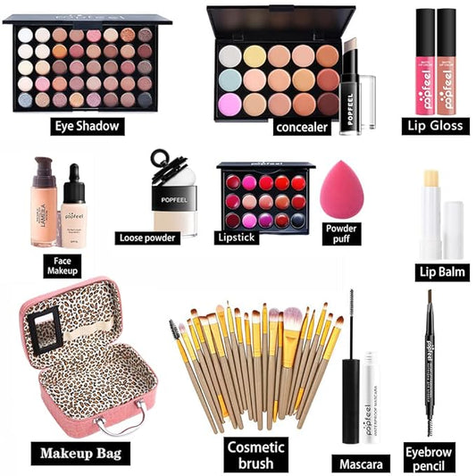 All in one makeup kit for women full kit makeup set for girls teens Eyeshadow Palette, Lip Gloss, Lipstick, Foundation, Mascara, Eyebrow Pencil, Eyeliner, Contour Stick, Powder Puff, Makeup Brushes,