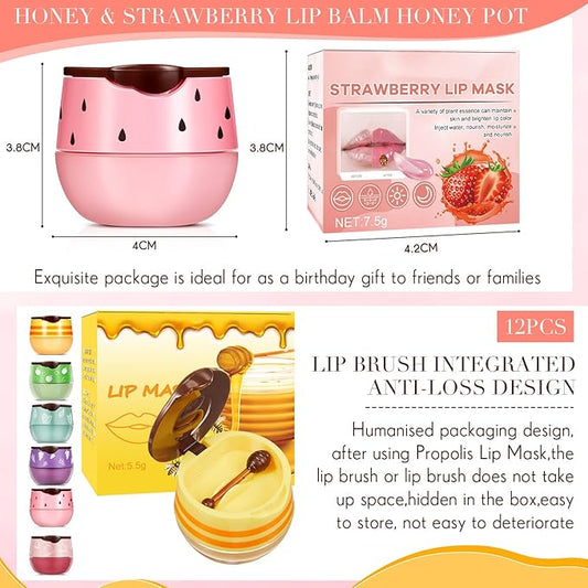 12 Pcs Bee Lip Balm Honey Pot with Brush Propolis Lip Mask Overnight, Moisturizing Hydrating Lip Sleeping Mask Prevention Dry and Cracked(Honey+Peach+Grape+Strawberry+Apple Lime+Mint)