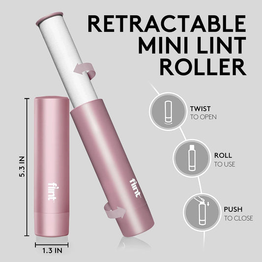 Flint Rose Gold Retractable Mini Lint Roller with 90 Extra Sticky Sheets, Small and Portable Lint Roller, Ideal Pet Hair Remover, Travel Lint Rollers for pet Hair Extra Sticky