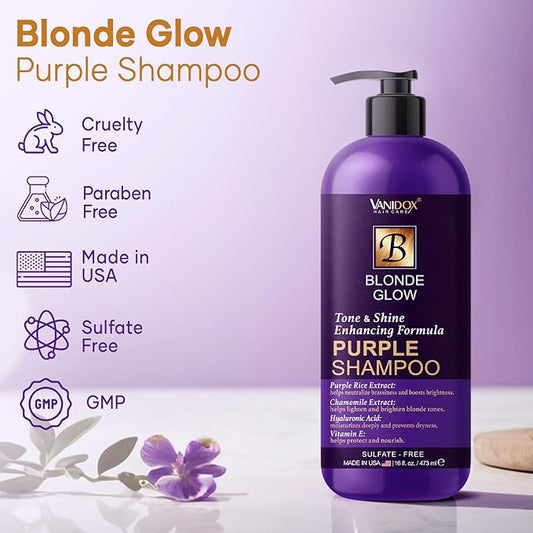Sulfate Free Brass Toning Purple Shampoo for Blondes, Brown Highlighted, or Bleached Hair, Infused with Purple Rice Extract, Hyaluronic Acid, Vitamin E, and Chamomile Extract (16 fl oz)