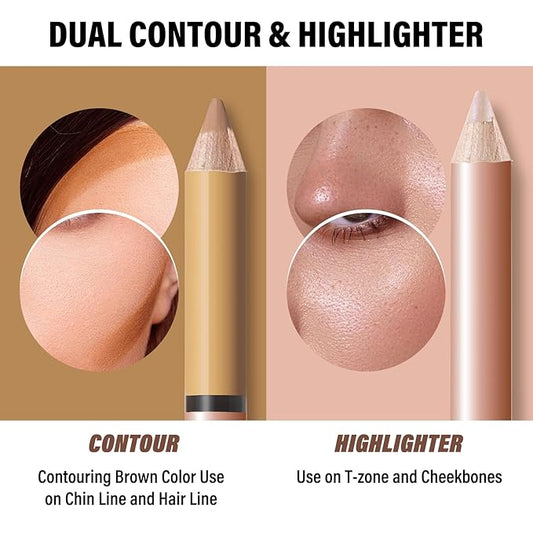 2 in 1 Cream Bronzer and Highlighter Stick,Cream Dual-Ended Highlight Contour Stick,Long Lasting & Waterproof Face Brighten Make up Pen