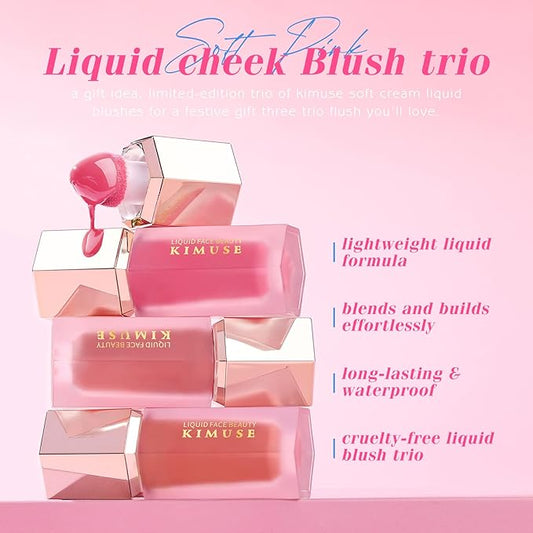 KIMUSE Soft Pink Gel-Cream Blush Trio, Liquid Blush for Cheeks, Weightless, Long-Wearing, Smudge Proof, Natural-Looking, Dewy Finish, Skin Tint Blush Makeup, 0.42 Fl Oz (love pink)