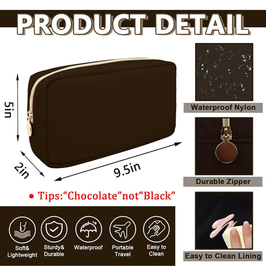 Small Makeup Pouch for Purse, Nylon Travel Toiletry Storage Pouch Cute Preppy Cosmetic Bag for Women Girls, Waterproof Makeup Organizer Skincare Bag Purse with Zipper (Small-Chocolate)